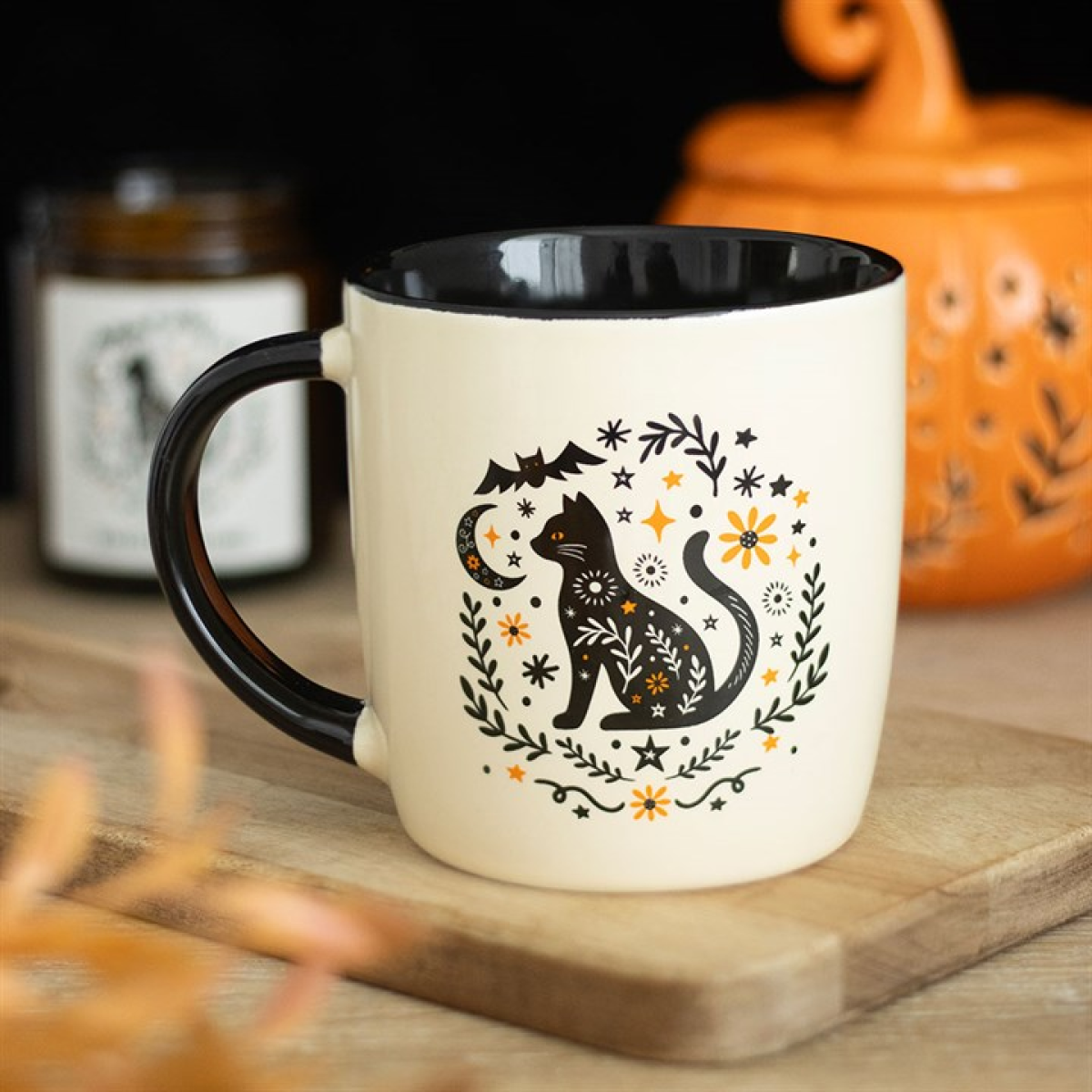 Frightful Folk black cat mug with floral design