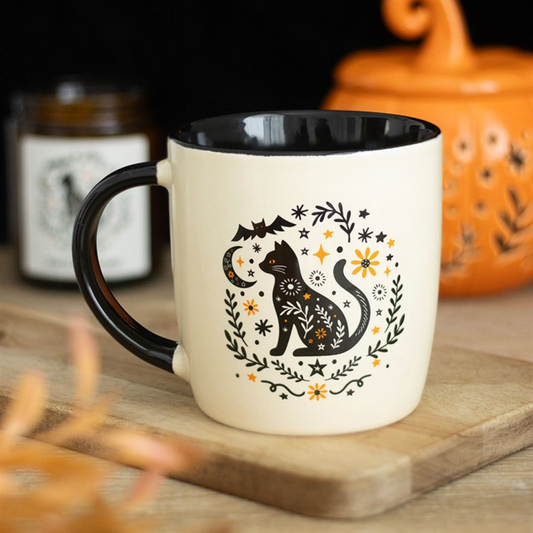 Frightful Folk black cat mug with floral design