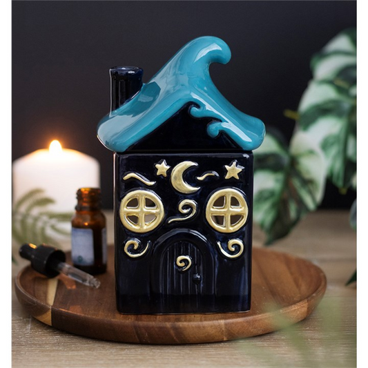 Moonwave Cottage celestial ceramic oil burner with blue wave roof