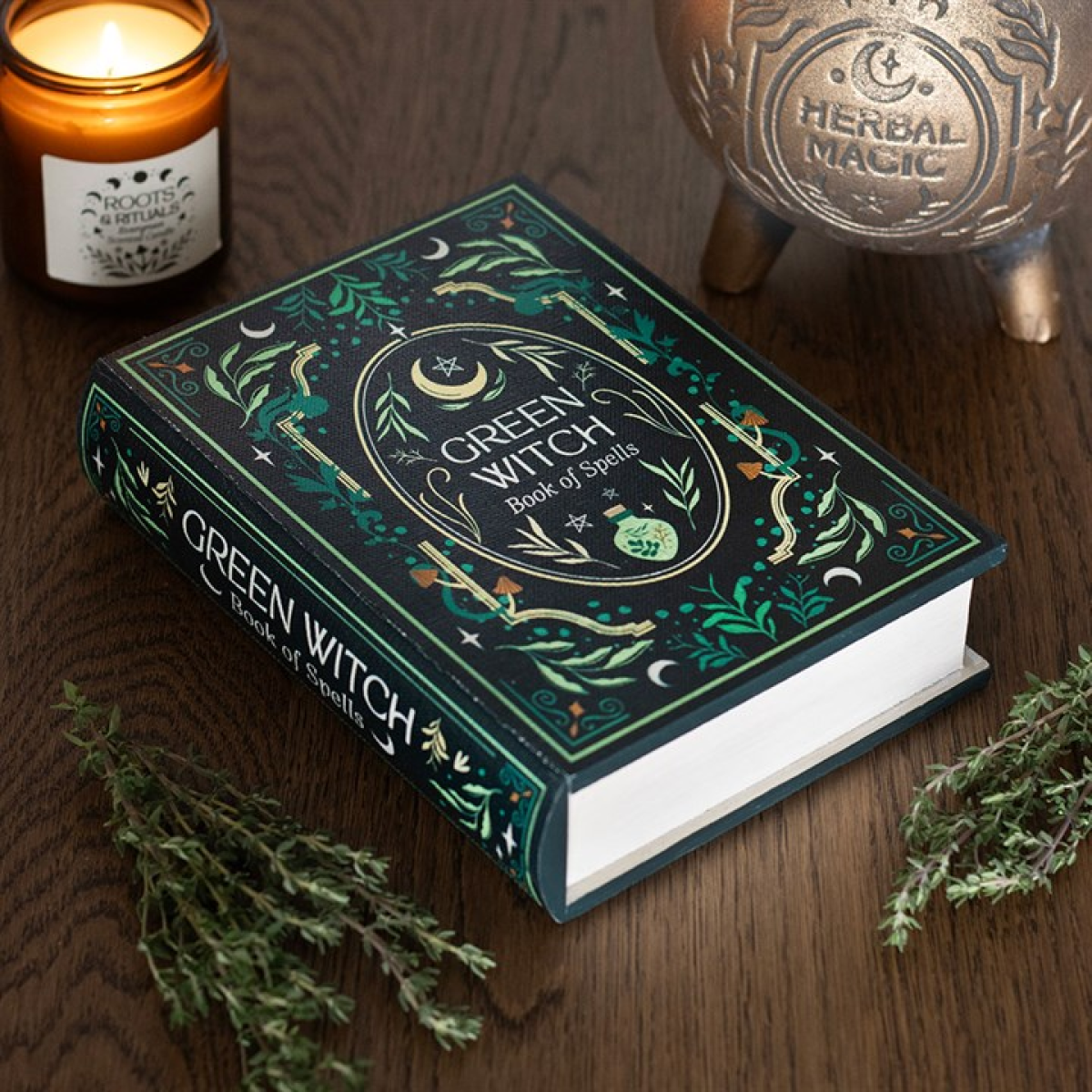 Green Witch book shaped storage box with botanical design