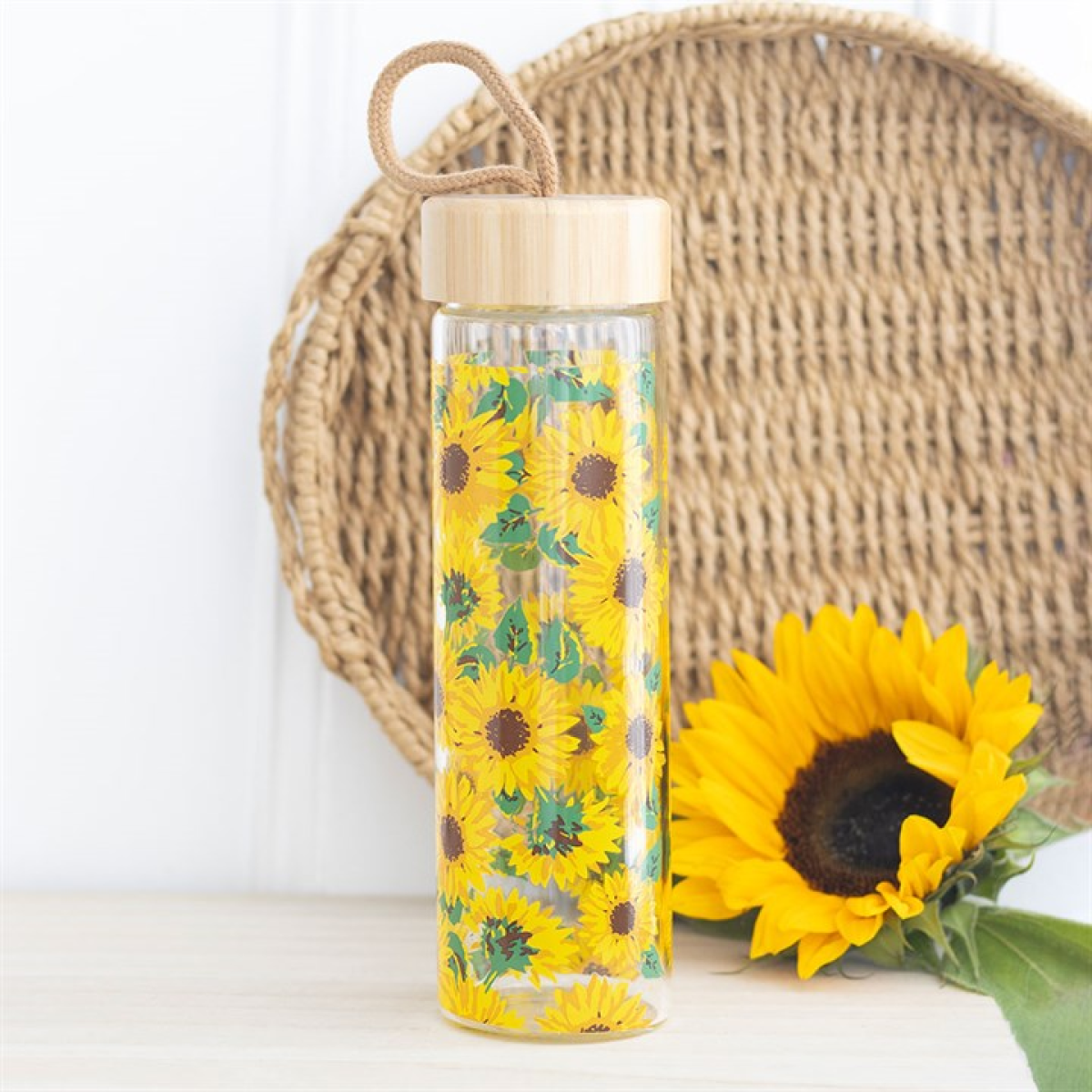 Sunflower print glass water bottle with bamboo lid