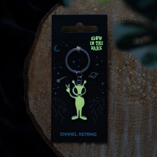 Glow in the dark alien enamel keyring in packaging