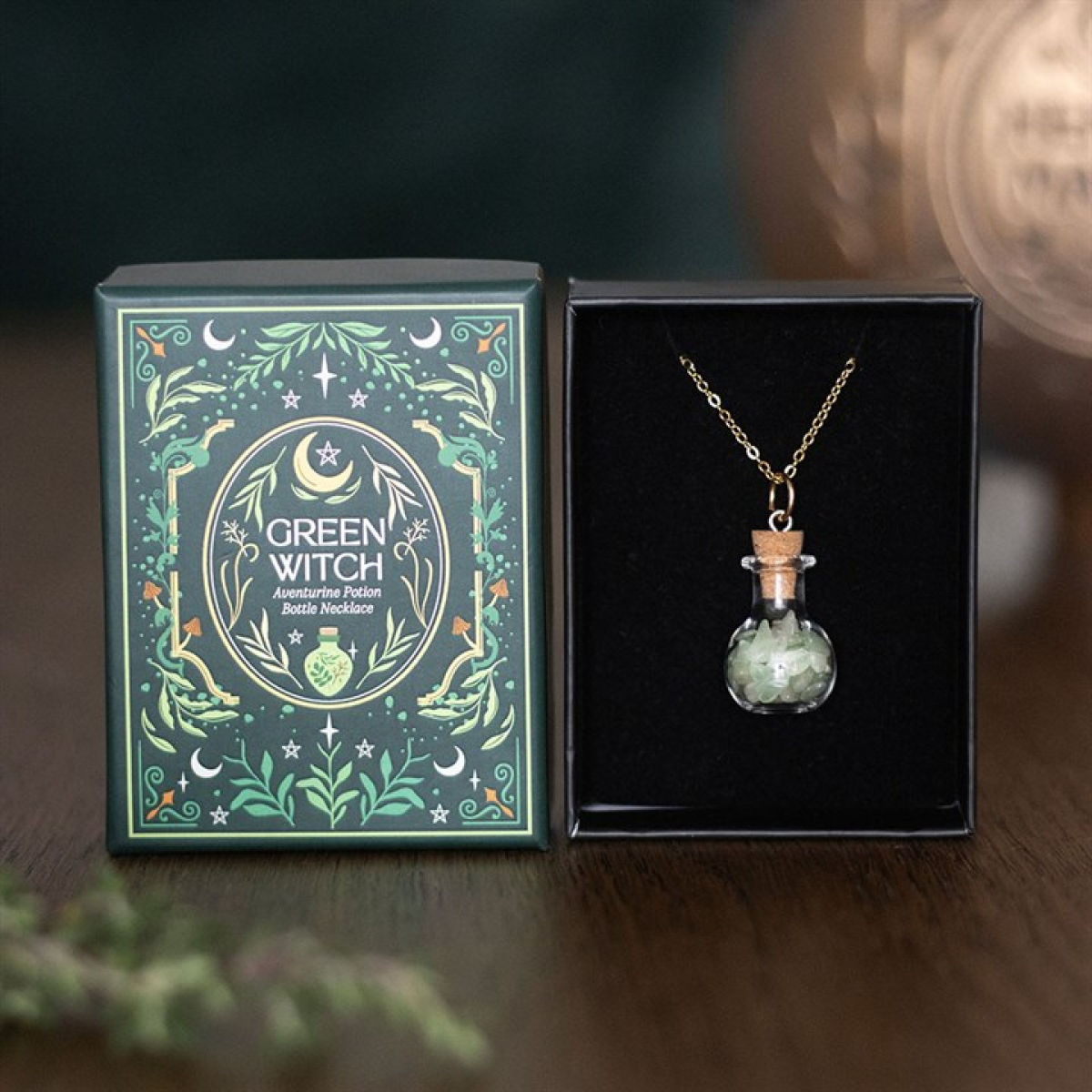 Green Witch aventurine potion bottle necklace in gift box