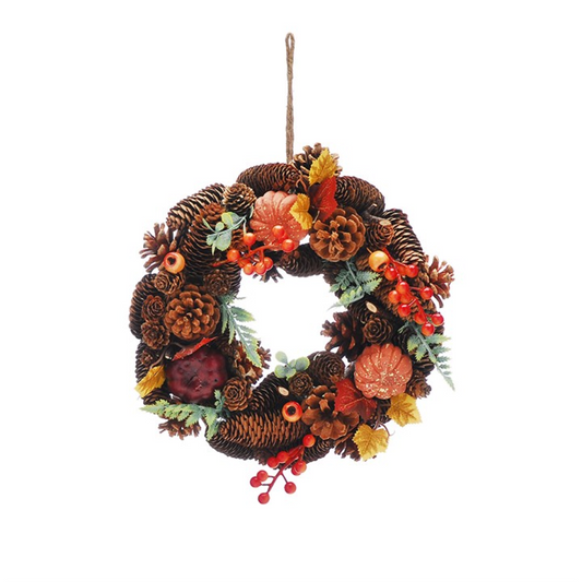 30cm autumn pumpkin and leaf wreath with pinecones and berries