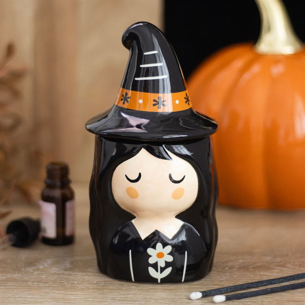 Frightful Folk witch ceramic oil burner with pointed hat lid