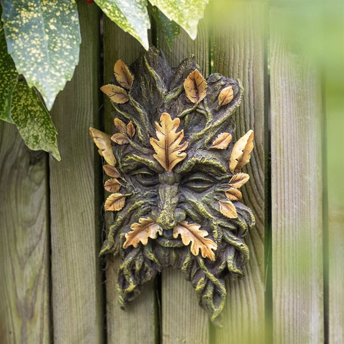 Green Man yellow oak leaf wall plaque garden decor