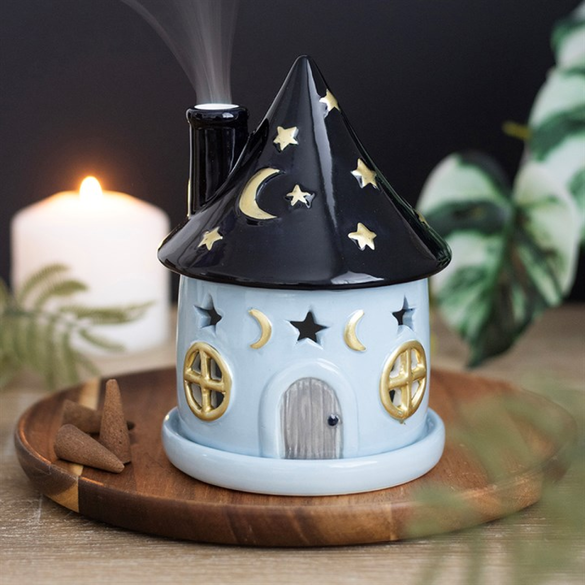 Celestial Cottage Incense Cone Holder in use