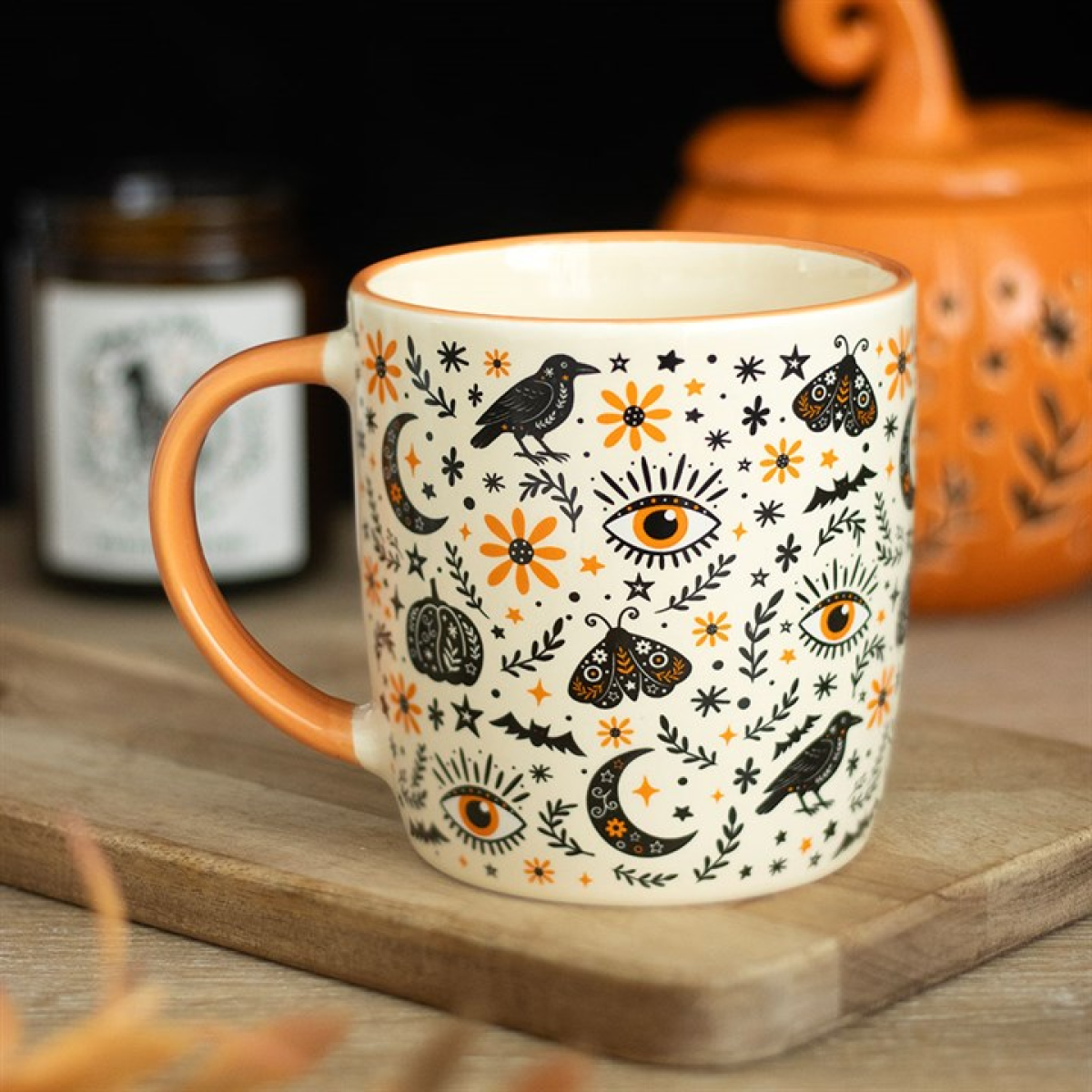 Frightful Folk ceramic mug with autumn raven moth and moon print