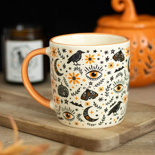 Frightful Folk ceramic mug with autumn raven moth and moon print