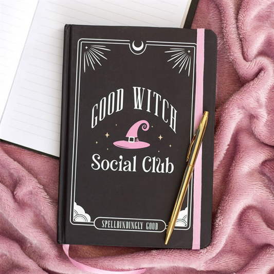 Good Witch Social Club A5 notebook with pink witch hat