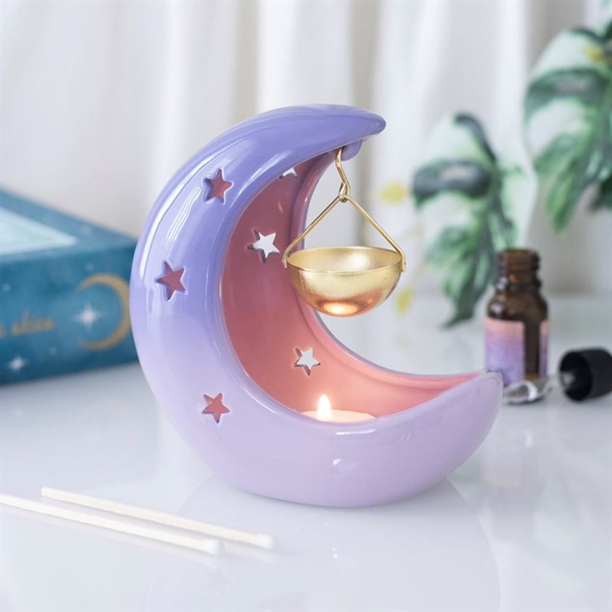 Purple crescent moon oil burner with hanging gold bowl