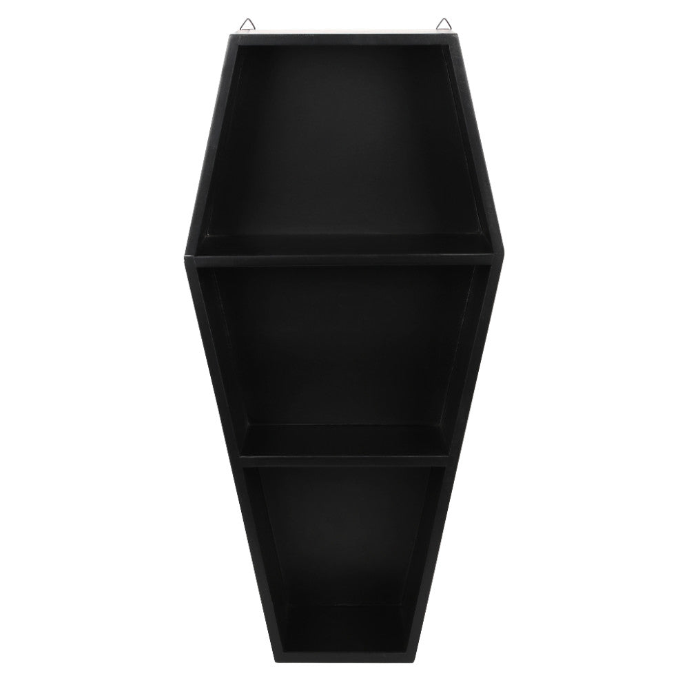Coffin shaped black shelving unit with three compartments