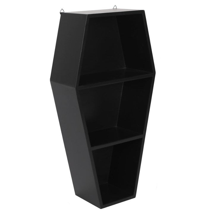 Side view of black coffin shaped gothic wall shelf