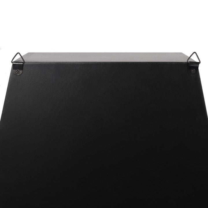 Back of black coffin wall shelves showing hanging fittings