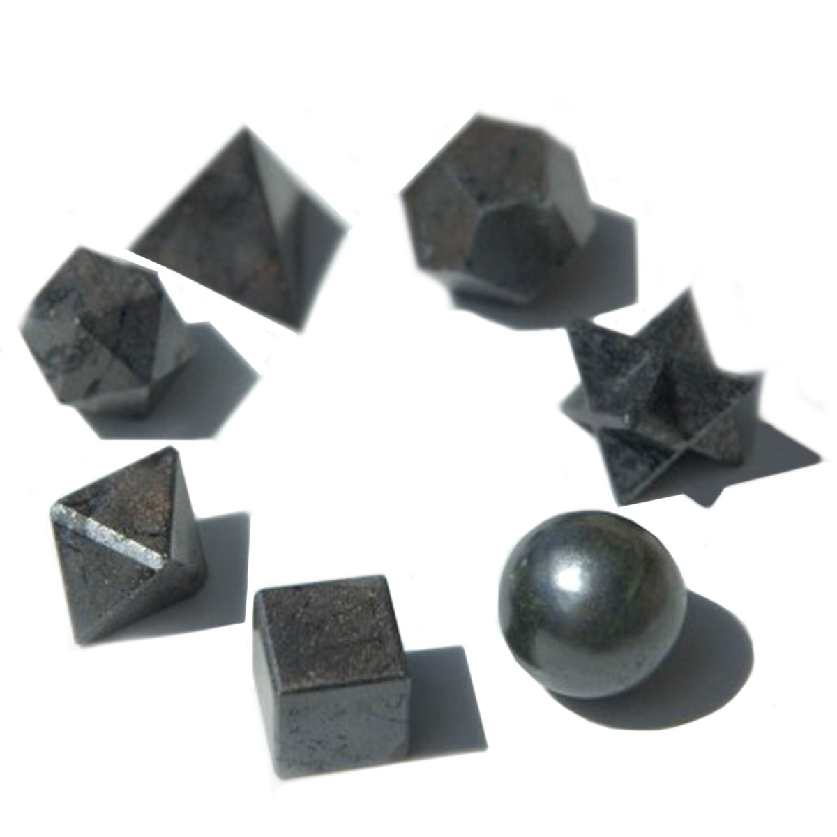 Black agate crystals in seven different geometric shapes