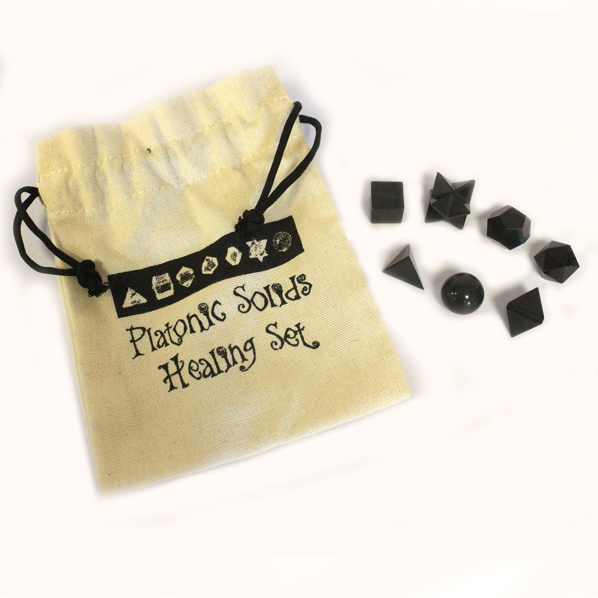 Black agate seven piece crystal set with pouch
