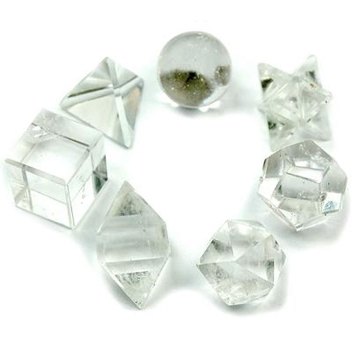 Seven piece clear quartz crystal set with geometric shapes