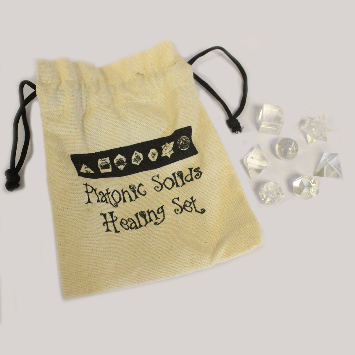 Geometric quartz crystal seven piece set in drawstring pouch