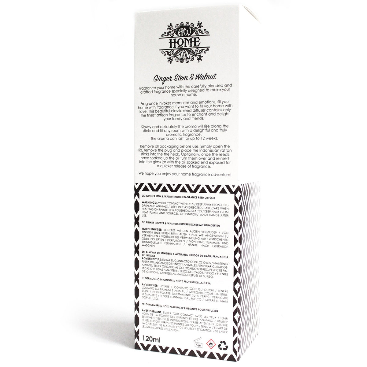 Ginger Stem & Walnut Essential Oil 120ml Reed Diffuser in box showing how to use