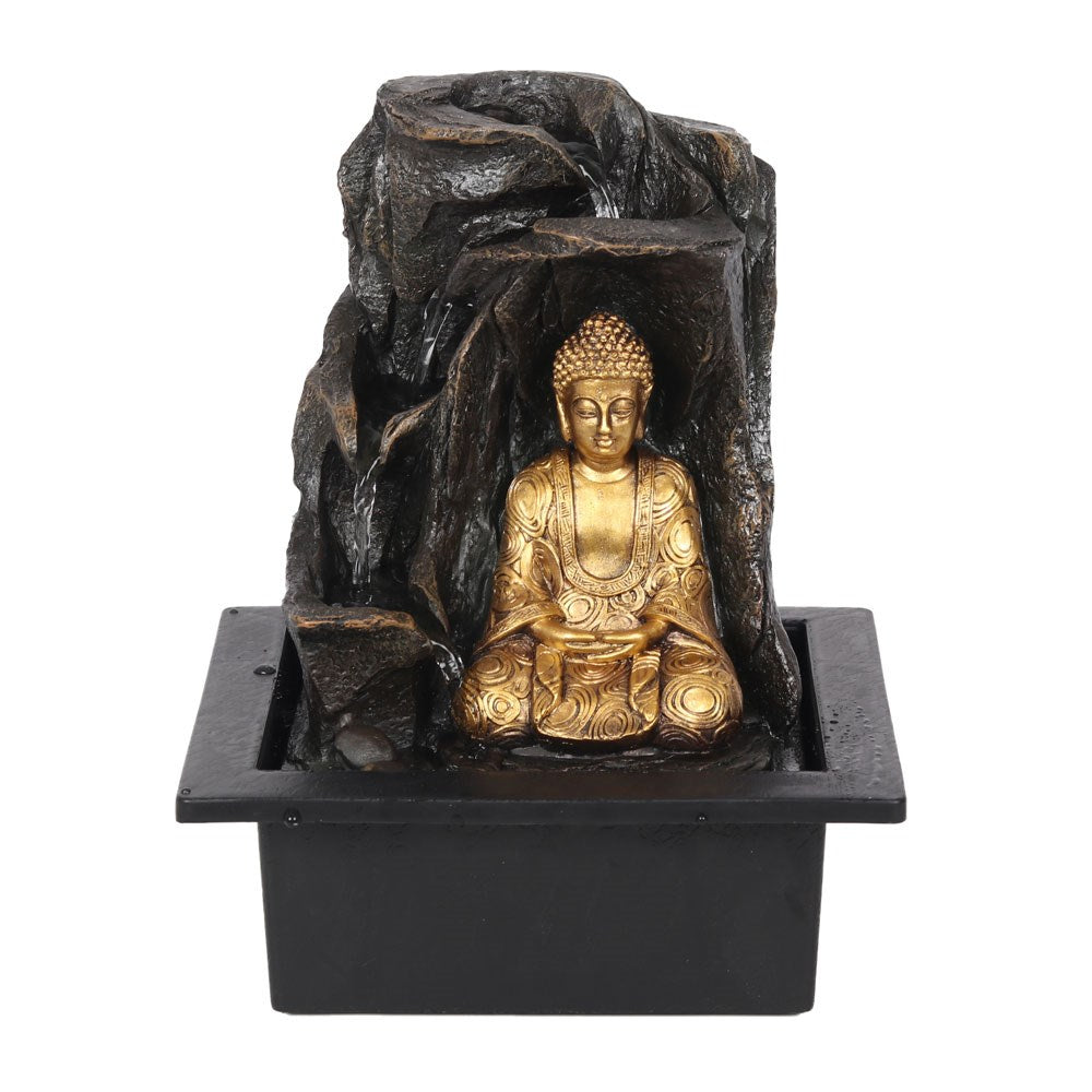 Front view of gold Buddha tiered indoor water feature
