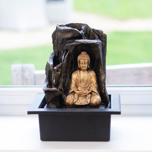 Gold Buddha LED indoor waterfall with dark rock effect