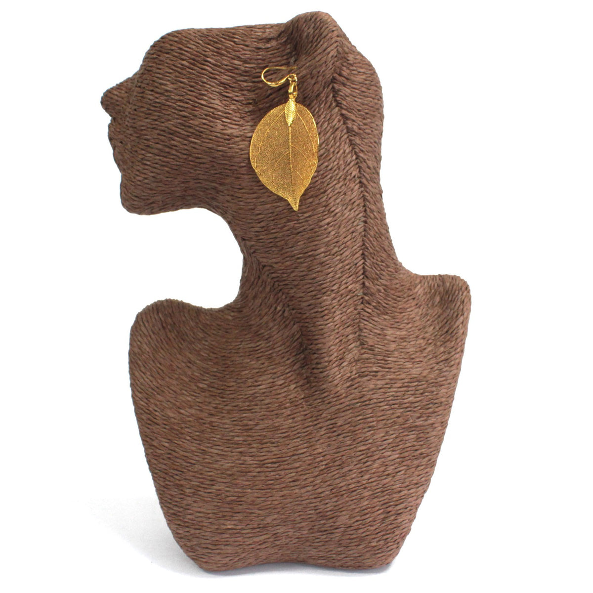 Side display of gold-coloured real leaf earring