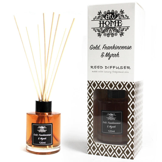 Gold frankincense and myrrh reed diffuser with packaging
