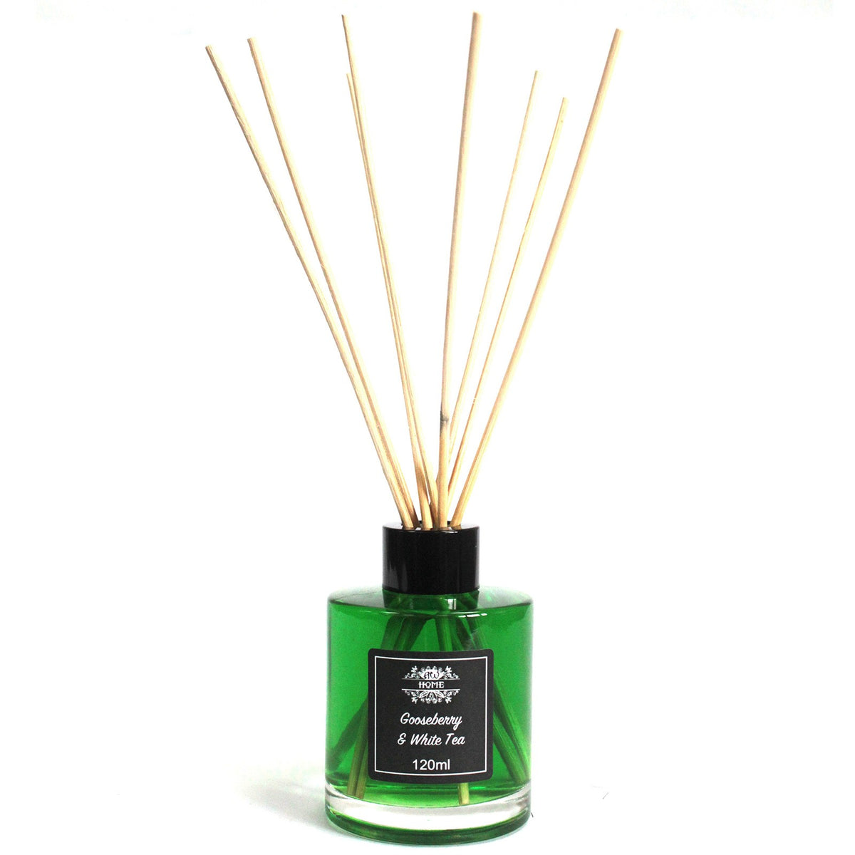 Green gooseberry and white tea reed diffuser bottle with reeds