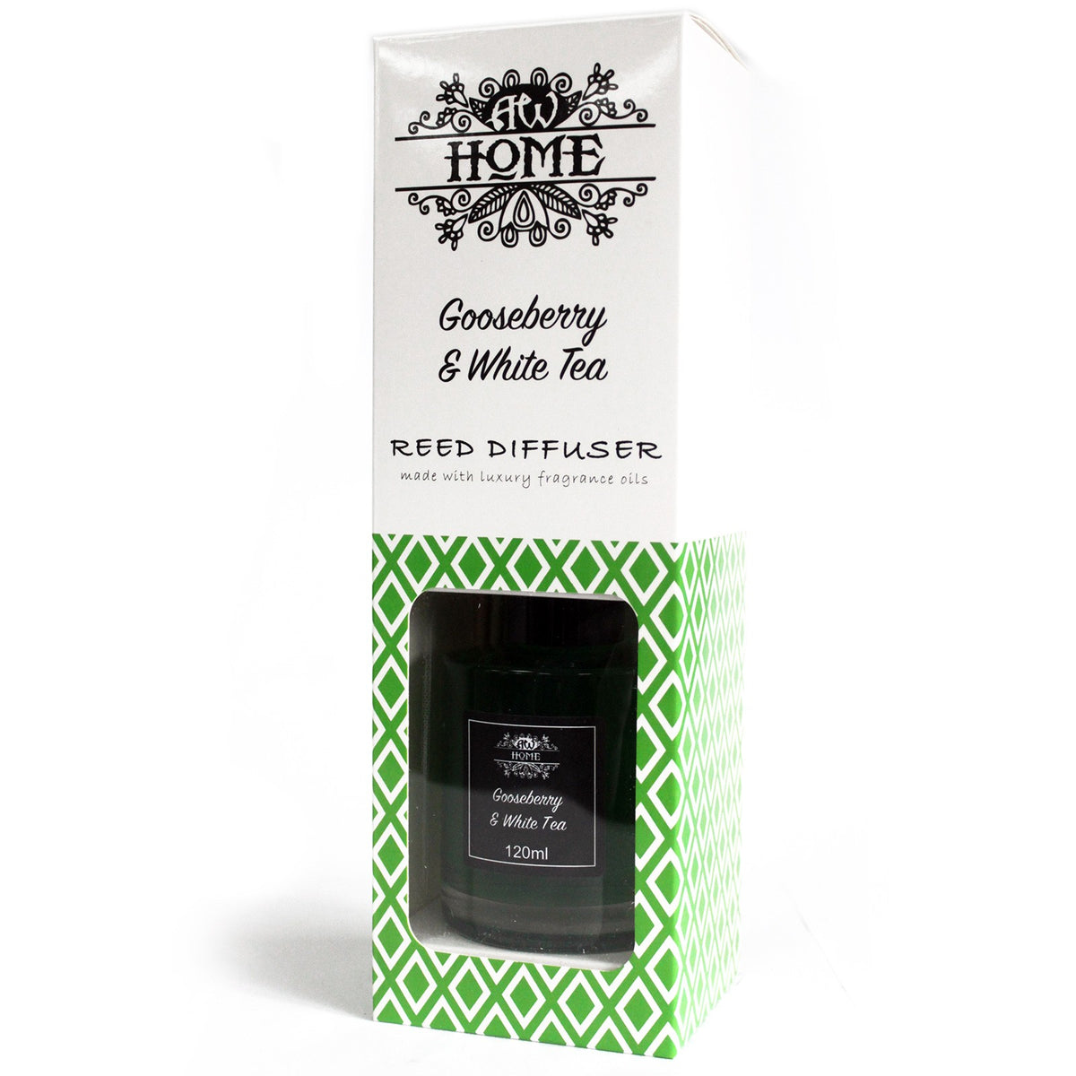 Front of gooseberry and white tea essential-oil reed diffuser packaging