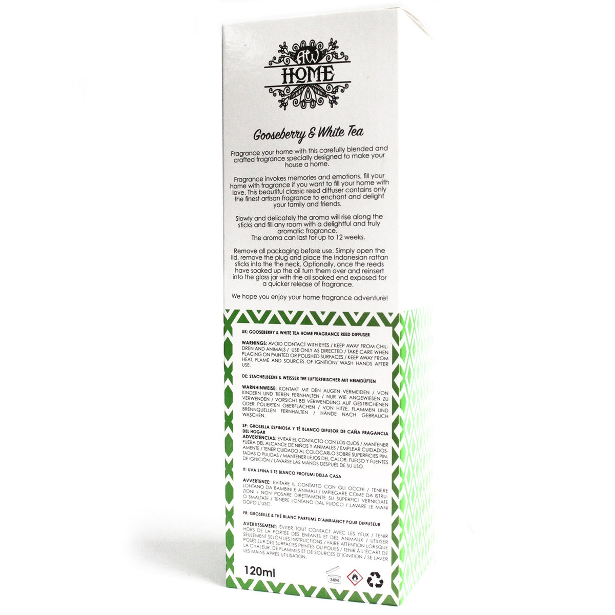 Back of gooseberry and white tea reed diffuser packaging