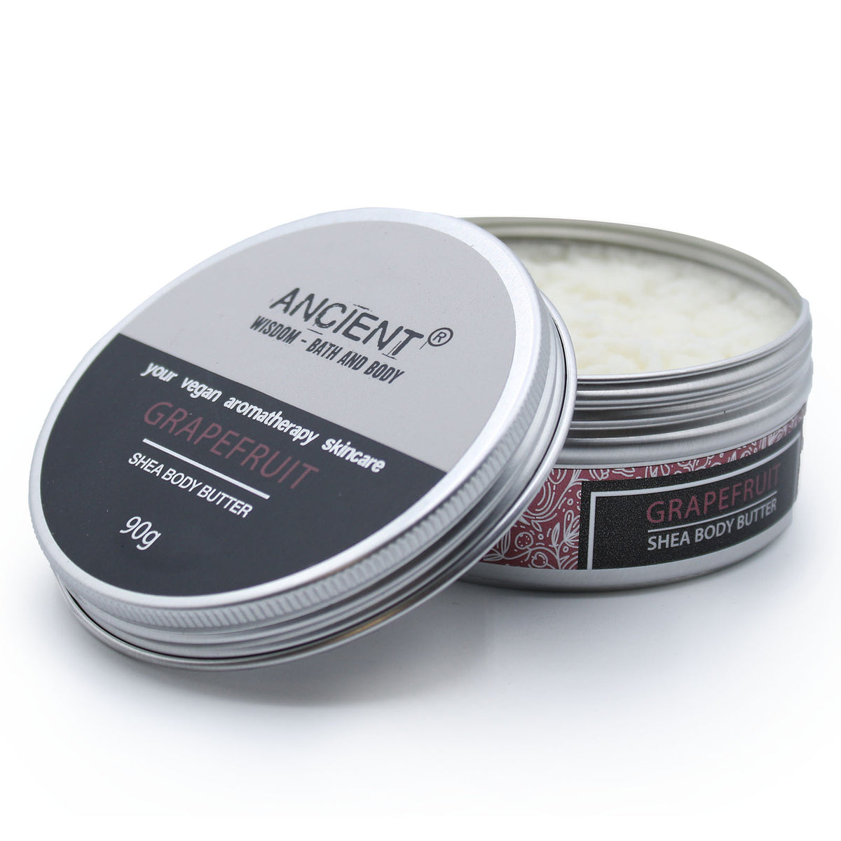 Open tin of vegan grapefruit shea body butter by Ancient Wisdom
