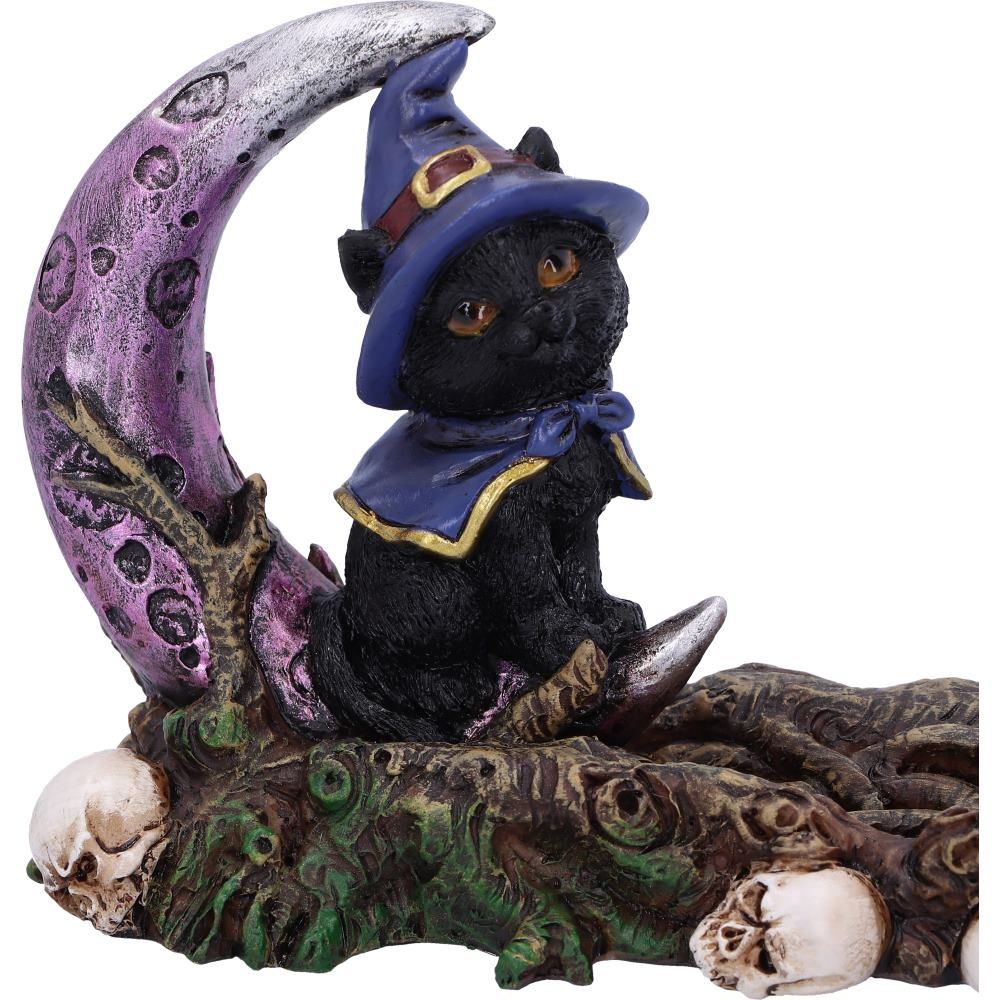 Grimalkin black cat crescent moon incense holder