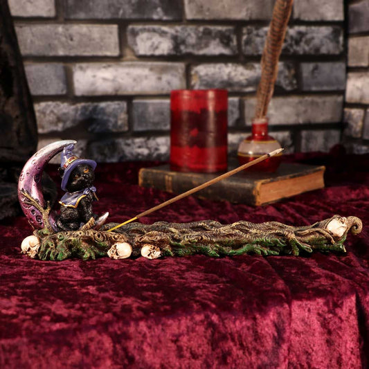 Grimalkin witch's cat and moon incense burner display