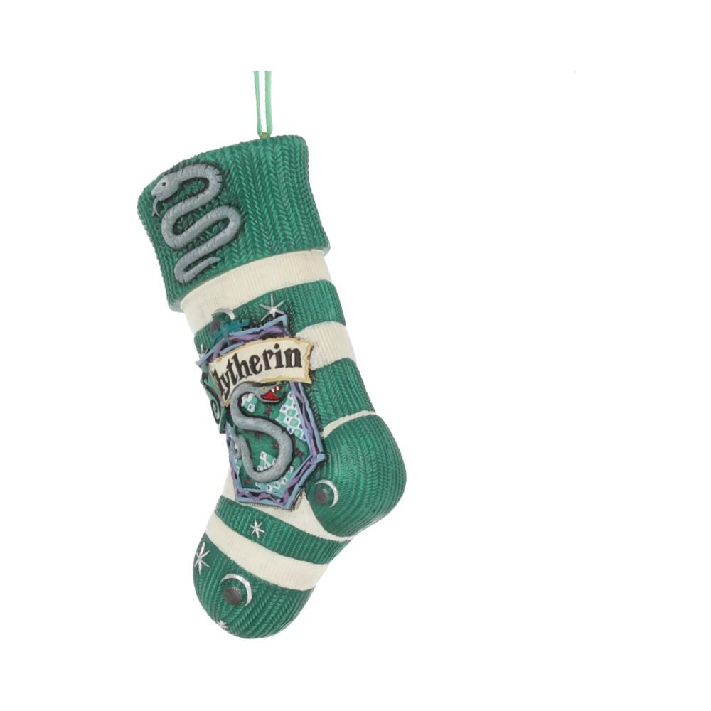 Side view of green Slytherin Christmas stocking ornament