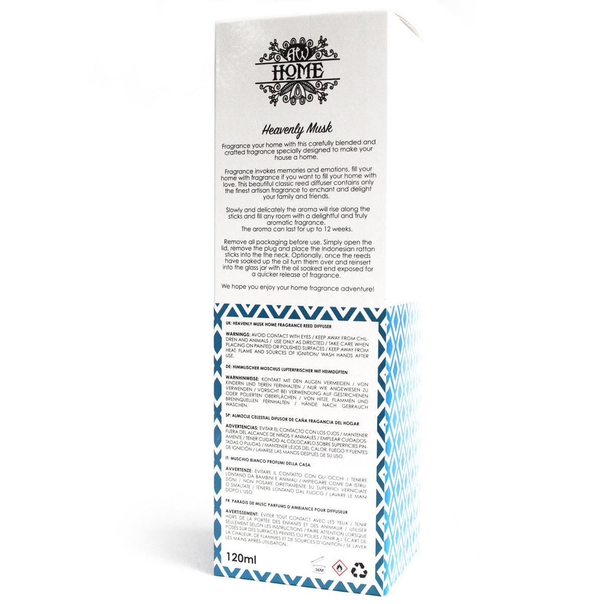 1. Back of Heavenly Musk Reed Diffuser packaging showing product information