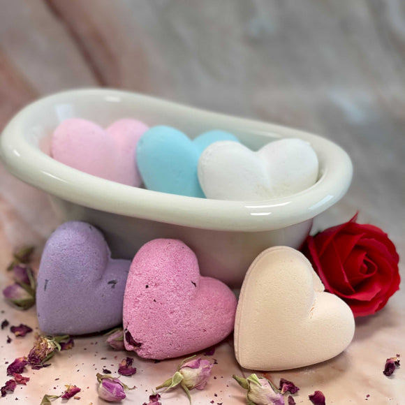 love heart shaped bath bombs in a variety of fragrances and colours.
