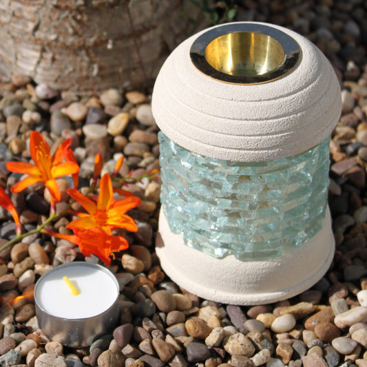 Glass sandstone oil burner with brass dish