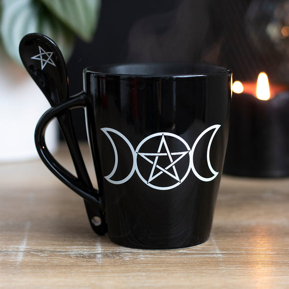 Triple Moon Black Mug and Spoon Set