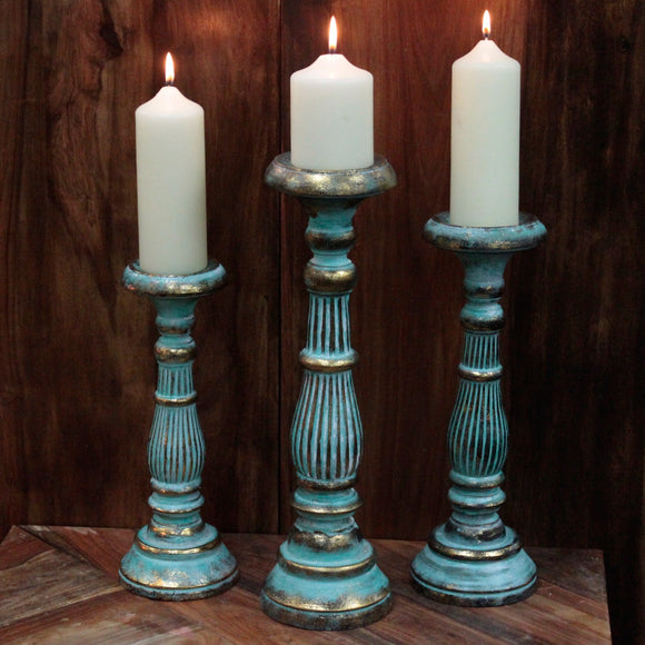 Turquoise & Gold Wooden Candlesticks