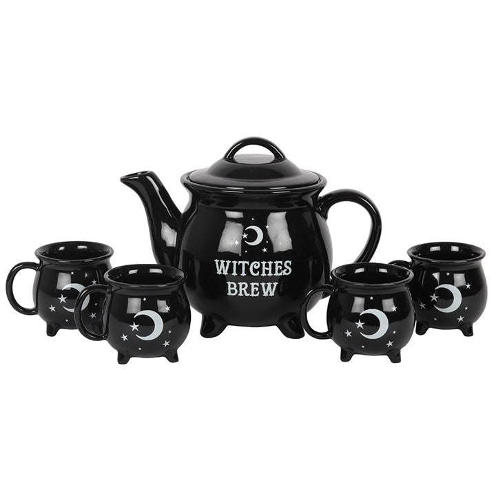 Witches Brew Cauldron Tea Set, black moon and stars teapot and mugs