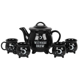 Witches Brew Cauldron Tea Set, black moon and stars teapot and mugs