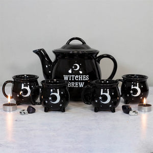 Witches Brew Cauldron Tea Set, Black Teapot and 4 teacups 