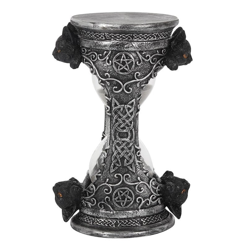 gothic witch's cat hourglass with pentagrams and celtic patterns