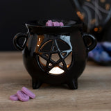 black witch's cauldron shaped oil burner, pentagram wax warmer