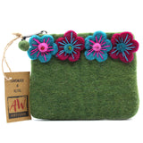 Green Flower Handmade Felt Coin Purse