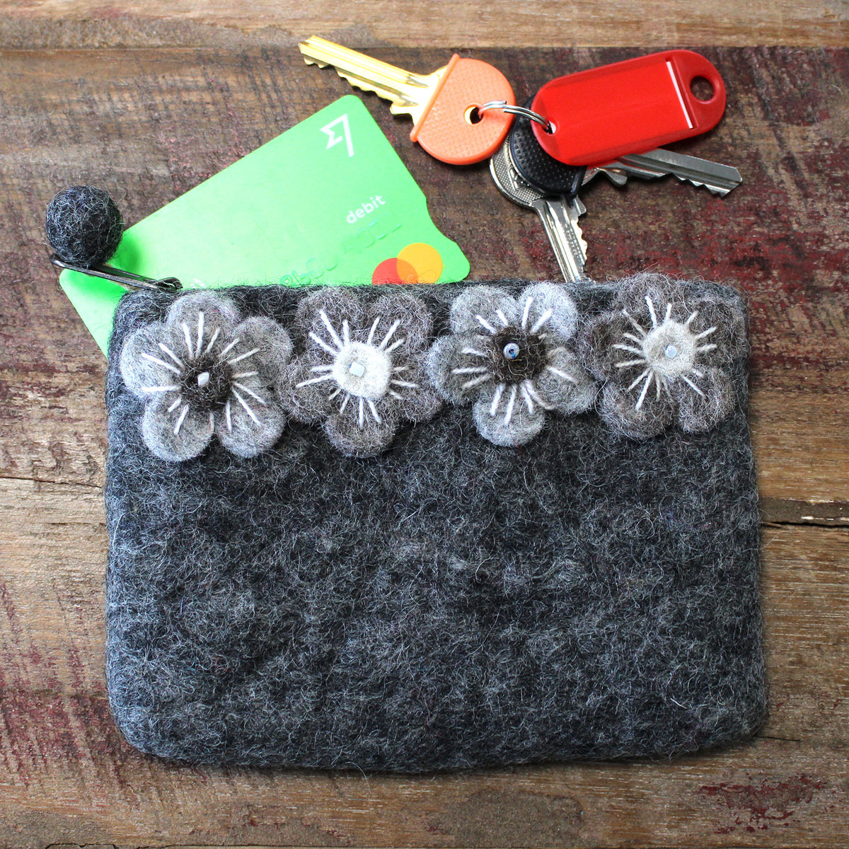 Grey Flower Handmade Felt Coin Purse