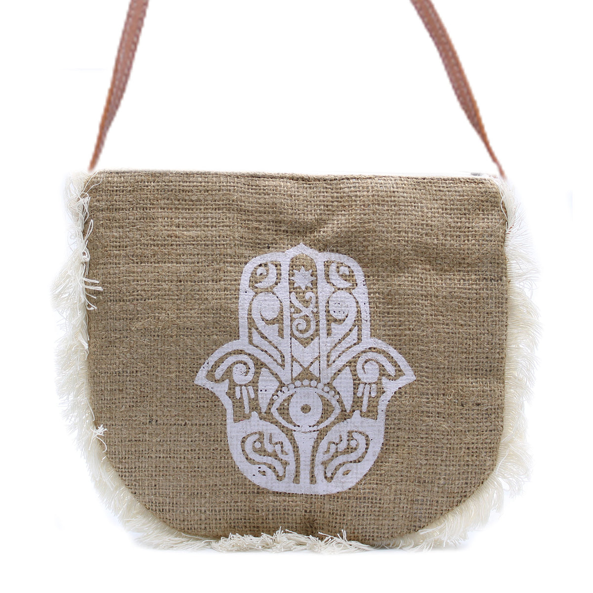 Natural jute Hamsa fringe shoulder bag