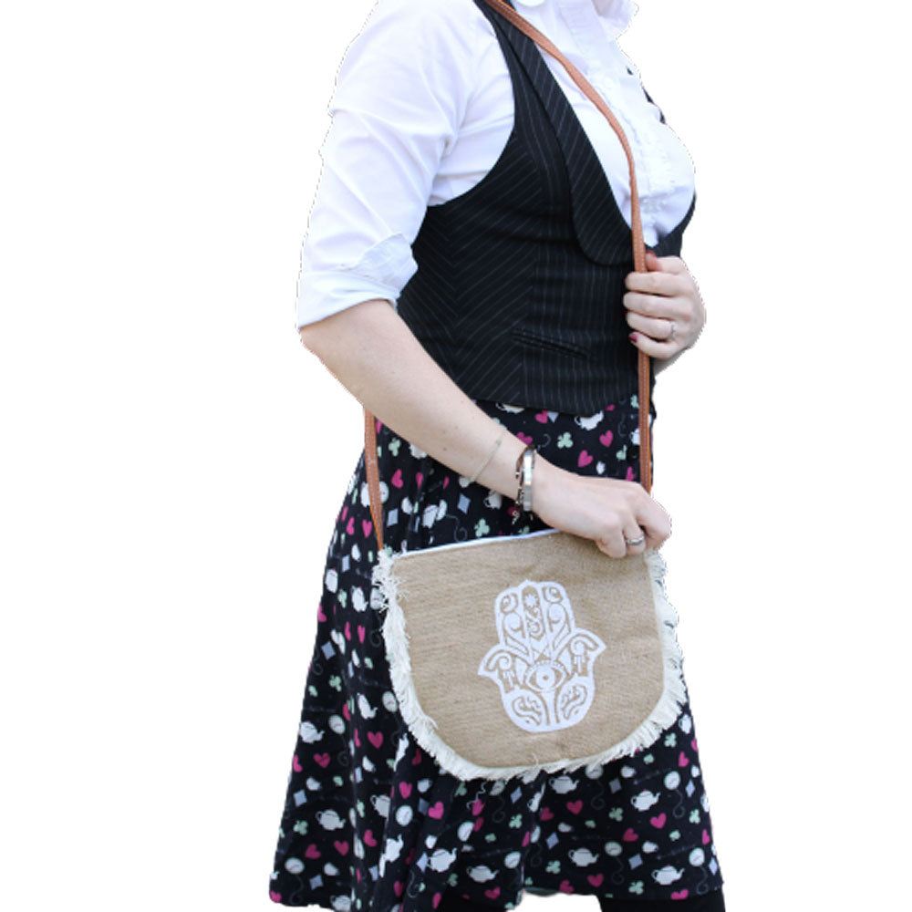 Hamsa jute shoulder bag worn crossbody