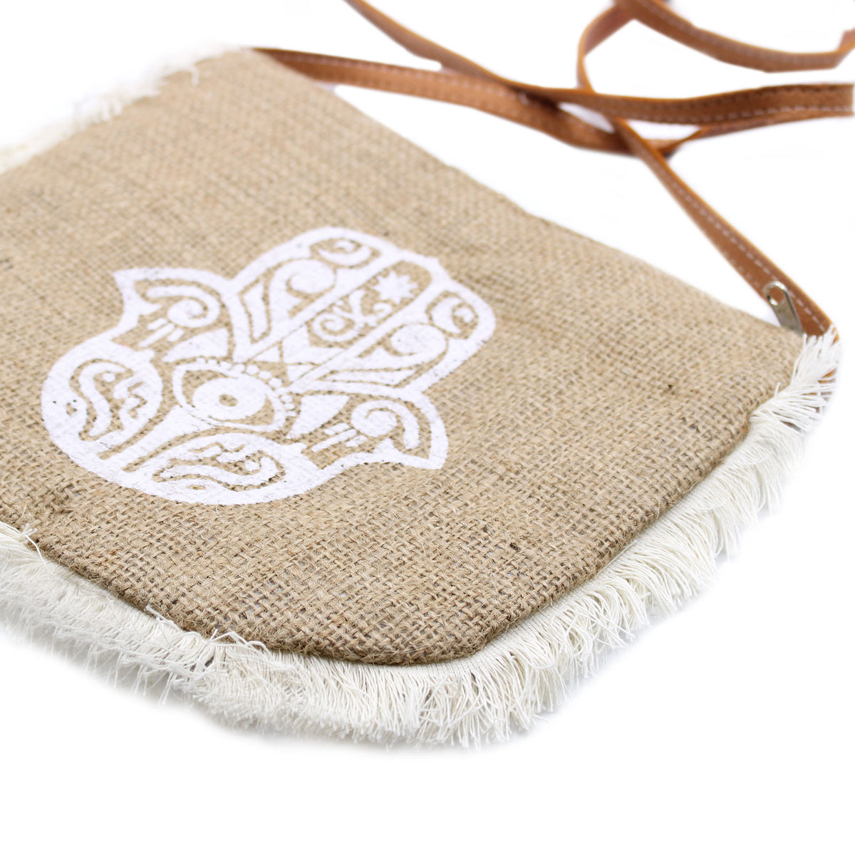 Hamsa print jute bag with cotton fringe